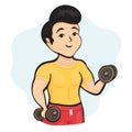 Cartoon character muscular guy athlete with dumbbells in hands playing sports, fitness drawing. Cute man in tracksuit training and