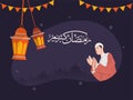 Cartoon character of muslim man doing Salah (Prayer, Namaz) in holy month of islamic Community. Poster or banner design with