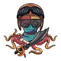 Cartoon character of octopus cyborg airplane pilot with glasses, mask and pirate sword