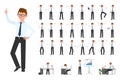 Cartoon character office business man vector. Flat style design glasses human worker guy person poses set on white background