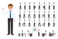 Cartoon character office business man vector illustration. Flat style design eyeglasses worker male person poses set