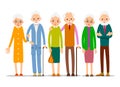 Cartoon character old group. Older people are standing together and smiling. Retired elderly senior age couple. Happy aged friends