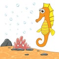 Cartoon character orange Sea Horse isolated on sea landscape. Marine underwater world with plants on sand and colorful fish. Royalty Free Stock Photo