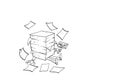 Cartoon character of overworked worker burried by pile of documents. Concept of stress and burnout.