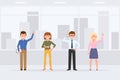 Cartoon character people standing front view in business office interior vector. Coworkers waving, thumbs up, talking on phone