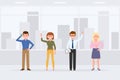 Cartoon character people standing in office interior vector. Men, women coworkers waving, thumbs up, talking on phone, smiling