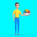 Cartoon Character Person Man Hold BMI or Body Mass Index Scale Meter Dial Gage Icon. 3d Rendering