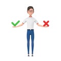 Cartoon Character Person Man with Red Cross and Green Check Mark, Confirm or Deny, Yes or No Icon Sign. 3d Rendering Royalty Free Stock Photo