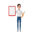 Cartoon Character Person Man with Red Plastic Clipboard, Paper and Pencil. 3d Rendering Royalty Free Stock Photo