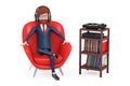 Cartoon Character Person Sits in Red Leather Relax Chair and Listens Music in Headphones near Turntable Vinyl Player, Stereo