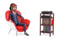 Cartoon Character Person Sits in Red Leather Relax Chair and Listens Music in Headphones near Turntable Vinyl Player, Stereo