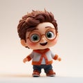 Cute 3d Cartoon Child Model With Glasses And Brown Pants