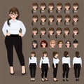 Cartoon character with plus size business woman for animation. Front, side, back, 3-4 view character vector