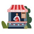 Cartoon character of positive young man selling ice cream outdoor