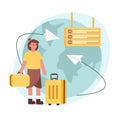 Cartoon character of pretty woman with luggage preparing for traveling abroad