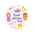 Cartoon character princess vector emblem with crown, magic wand, hearts