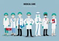 Cartoon character with professional doctors and nurses wearing protective suite and standing together to fight coronavirus flat