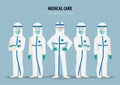 Cartoon character with professional doctors wearing protective suite and standing together to fight coronavirus flat icon design