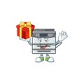 Cartoon character of professional office copier with a box of gift