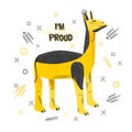 Cartoon character of proud lama. Cute animal of yellow-black color with satisfied facial expression. Inscription - I am Proud.