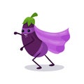 Cartoon character of purple eggplant in classic superhero costume, powerful fantastic vegetable