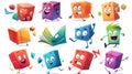 A cartoon character with a rectangular parallelepiped or cuboid shape holding a book, reading an idea, running