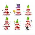 Cartoon character of red traffic cone with various circus shows