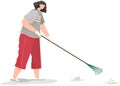 Cartoon character is removing plastic and paper with rake. Girl collect garbage and waste