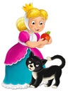 Cartoon character - royal princess cheerful standing and smiling with happy black cat isolated illustration for children