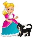 Cartoon character - royal princess cheerful standing and smiling with happy black cat isolated illustration for children