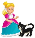 Cartoon character - royal princess cheerful standing and smiling with happy black cat isolated illustration for children