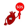 Cartoon character of sad and unhappy heart holding plate with word SOS. Heart disease.