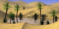 Cartoon character on sand desert oasis drink water