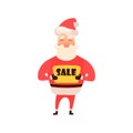 Cartoon character, Santa Claus holding a sign Sale, vector illustration on white background. Cartoon and flat style. Royalty Free Stock Photo