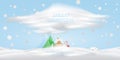 Cartoon character Santa Claus and house in the snow against a background of mountains and a Christmas tree. Vector for Royalty Free Stock Photo