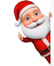 Cartoon character Santa Claus shows thumb up looking out from behind a blank board. 3d rendering. Illustration for advertising