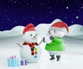 Cartoon character sculpts a snowman, 3d render. Cartoon Panda makes a snowman, against the background of snowy hills and snowfall
