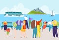 Cartoon character at seaside vacation, walking tourist at summer sea holiday vector illustration. People at outdoor