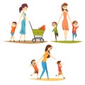 Cartoon character set of young mothers with kids. Pretty woman with newborn in baby carriage, preschool naughty boys Royalty Free Stock Photo