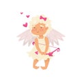 Cartoon character of shy little angel. Cupid with white wings. Baby girl with pink bow and arrows. Flat vector icon Royalty Free Stock Photo