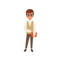 Cartoon character of smart teen boy in glasses holding book