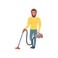 Cartoon character of smiling man with vacuum cleaner. House husband cleaning floor. Young bearded guy in gray yellow Royalty Free Stock Photo