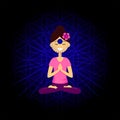 Cartoon character smiling woman is sitting in lotus position with namaste hands. Ajna chakra activation.
