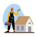 Cartoon character of smiling young man making home repair