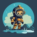 Cartoon character in space suit standing in the middle of body of water Royalty Free Stock Photo