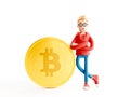 Cartoon character standing next to a large bitcoin. Happy man do bitcoin mining. Blockchain and cryptocurrency