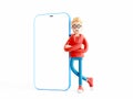Cartoon character standing next to a large phone with blak screen. 3d illustration.