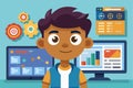 A cartoon character stands in front of computer screens, exploring data analytics and digital tools, Open source Customizable Royalty Free Stock Photo
