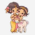 cartoon character sticker of krishna in her mother\'s arm playing with cowherd generative AI