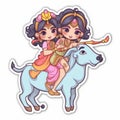 cartoon character sticker of krishna riding on cow with radha generative AI Royalty Free Stock Photo